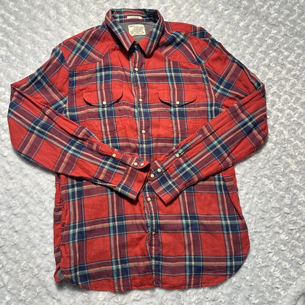 Lucky Brand Men's Classic Fit Light Pearl Snap Red Plaid Western Shirt Large